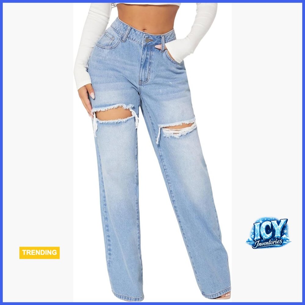 Distressed Straight Leg Jeans High Waisted Wide Leg Boyfriend Casual